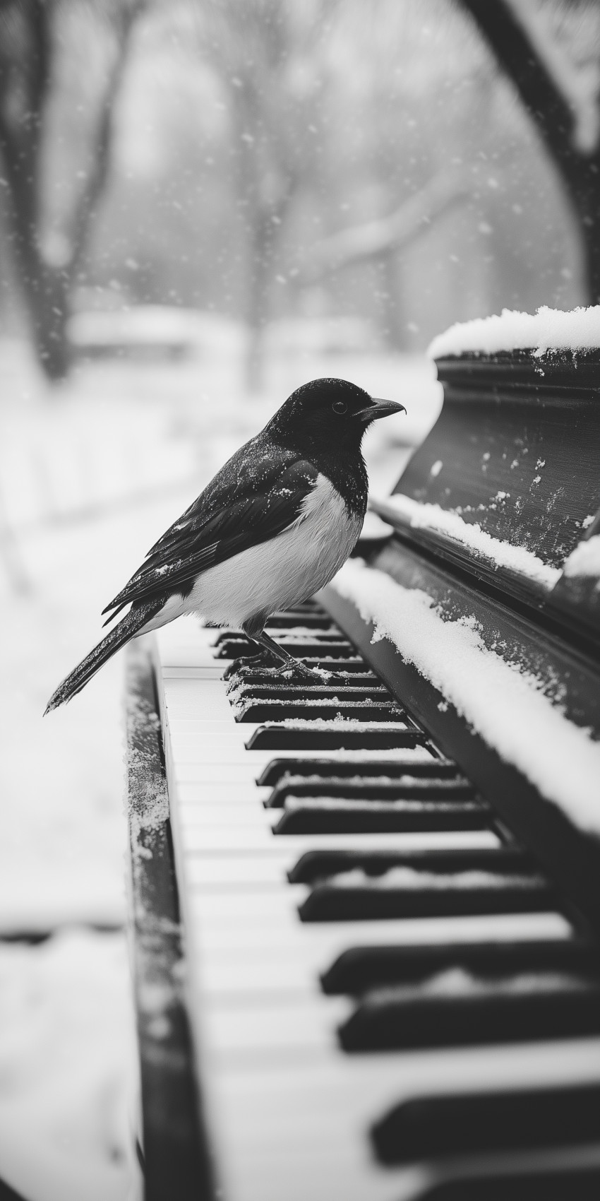 Fond d'écran Mobile Oiseau sur Piano sous la Neige : Mélodie Hivernale en Noir et Blanc