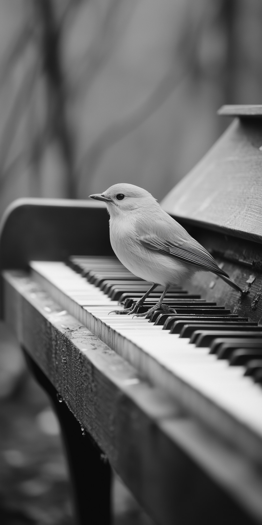 Fond d'écran Mobile Oiseau Gris sur Piano : Harmonie Silencieuse et Élégance Intemporelle