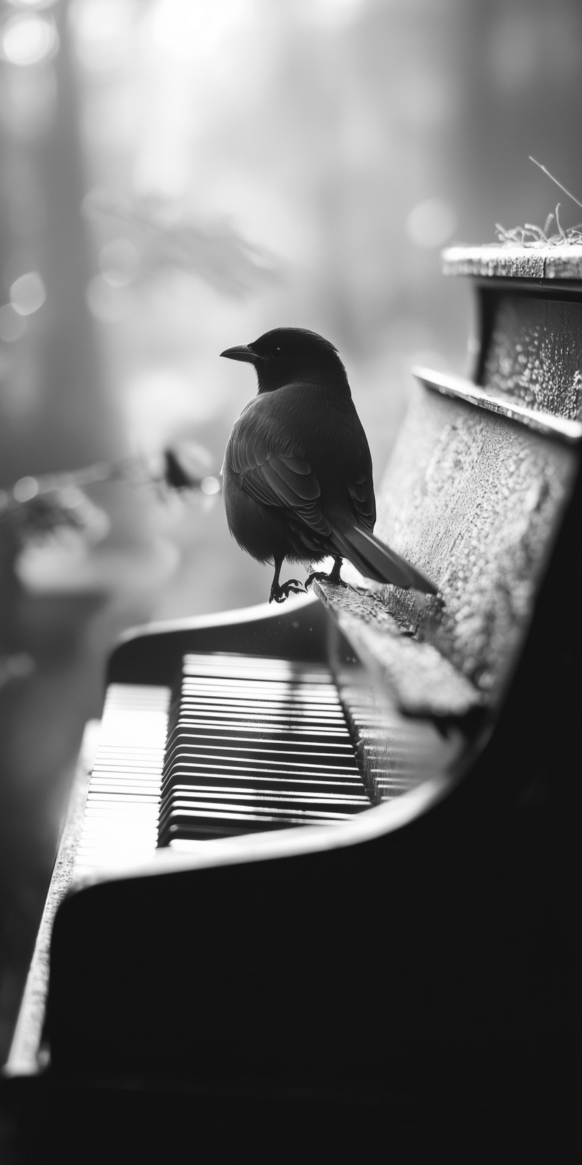 Fond d'écran Mobile Oiseau Noir sur Piano : Mélodie Silencieuse et Élégance Minimaliste
