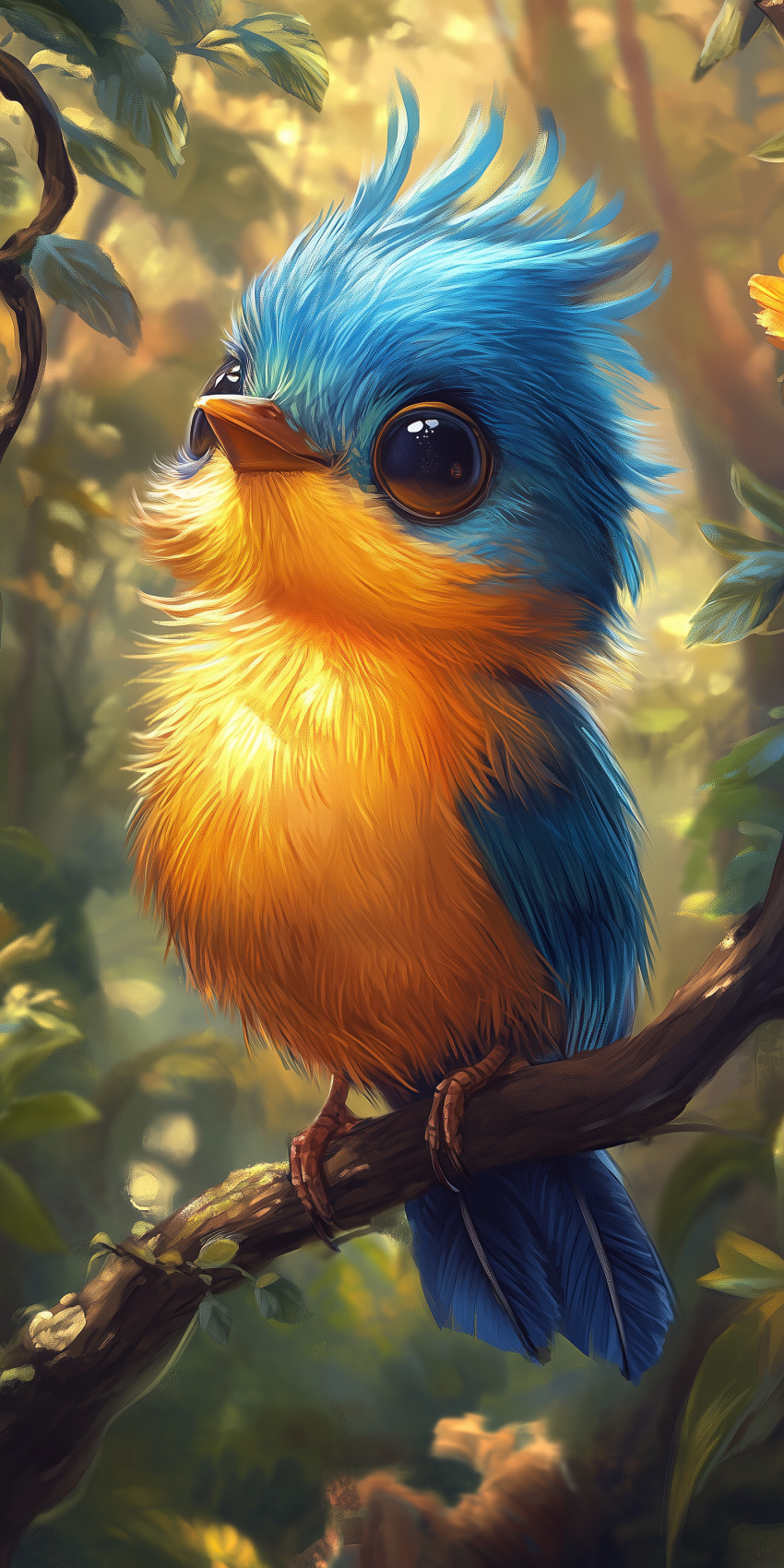 Fond d'écran Mobile Oiseau Mignon aux Grands Yeux : Douceur et Magie de la Forêt