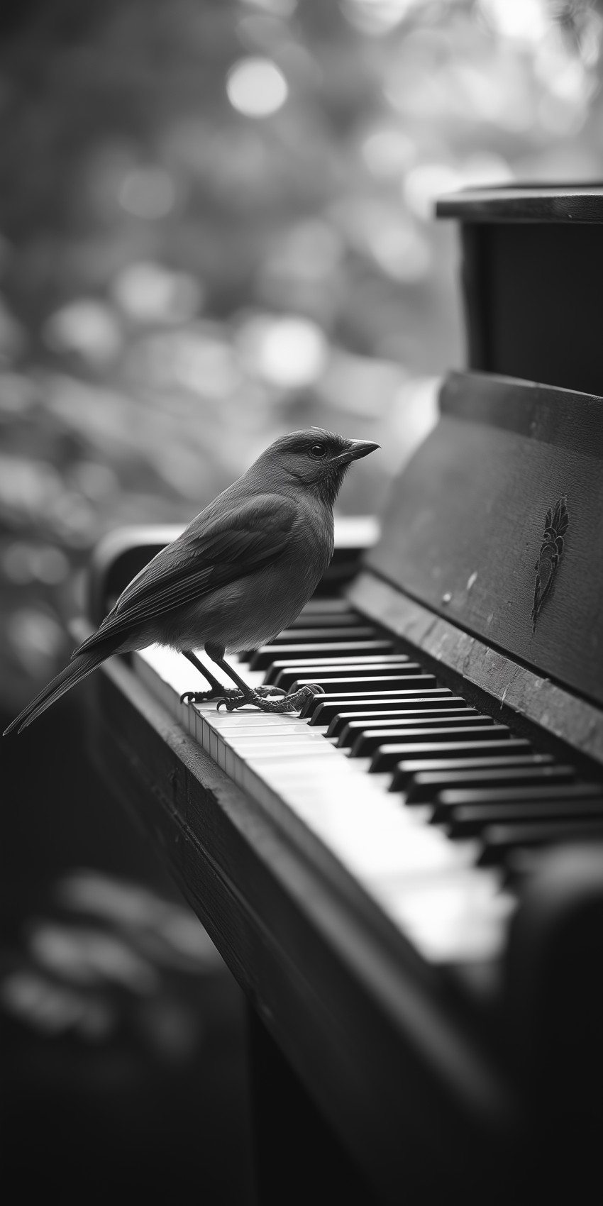 Fond d'écran Mobile Oiseau sur Piano : Mélodie Silencieuse en Noir et Blanc