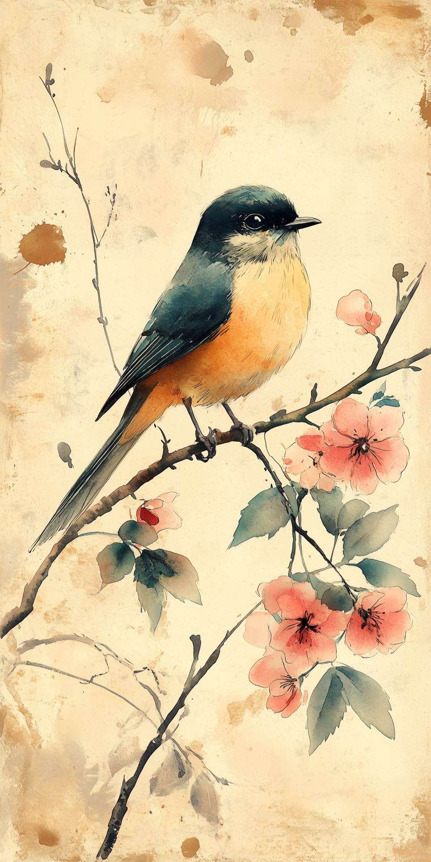 Fond d'écran Mobile Oiseau aux Tons Doux : Harmonie Florale et Détails Délicats