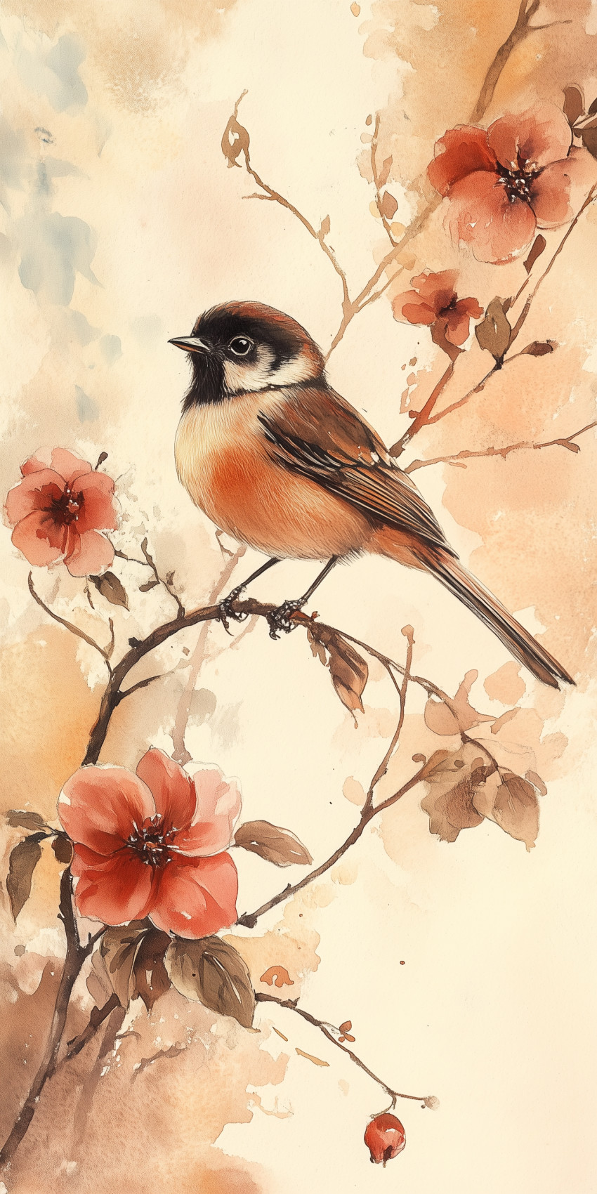 Fond d'écran Mobile Oiseau Brun et Abricot : Douceur et Harmonie Florale