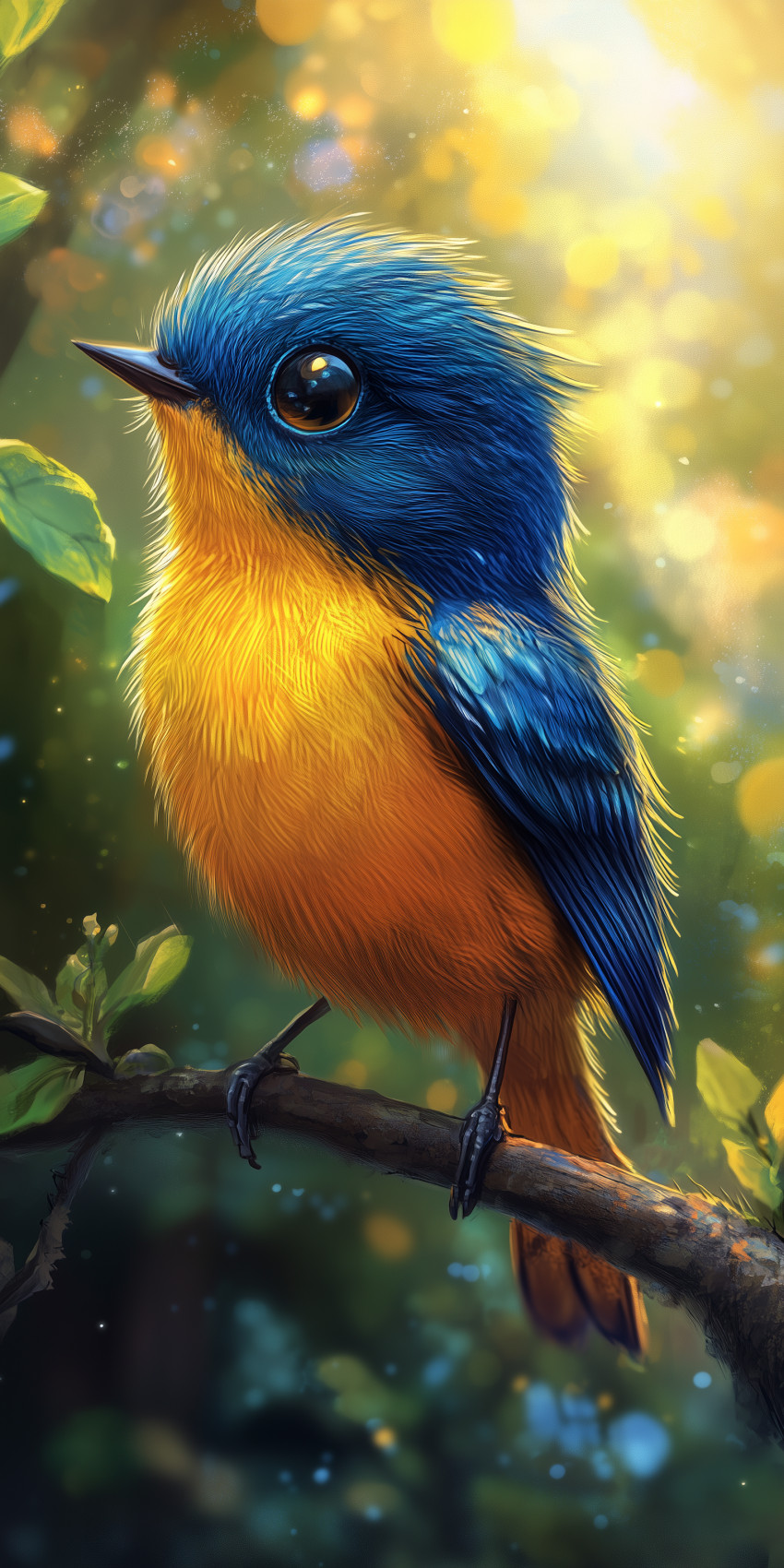 Fond d'écran Mobile Oiseau Bleu et Jaune sur Branche : Éclat Matinal et Détails Vifs