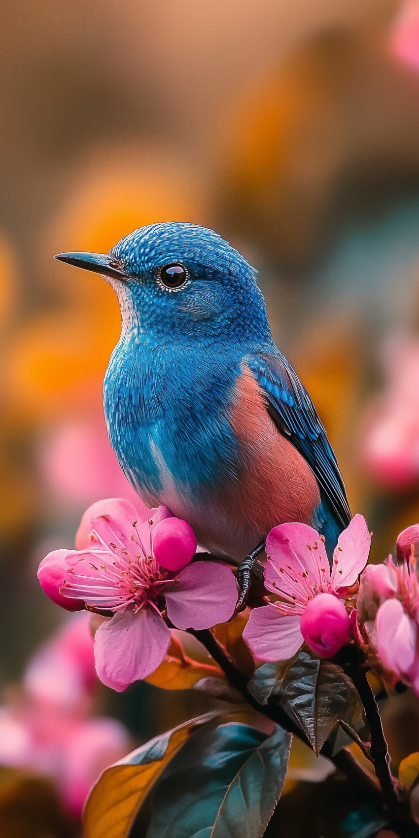 Fond d'écran Mobile Oiseau Bleu et Abricot sur Fleurs Roses : Douceur Printanière et Détails Vifs