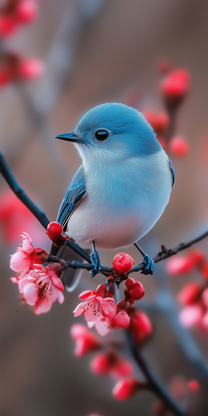 Fond d'écran Mobile Oiseau Bleu Ciel sur Fleurs Roses : Douceur Printanière et Détails Naturels