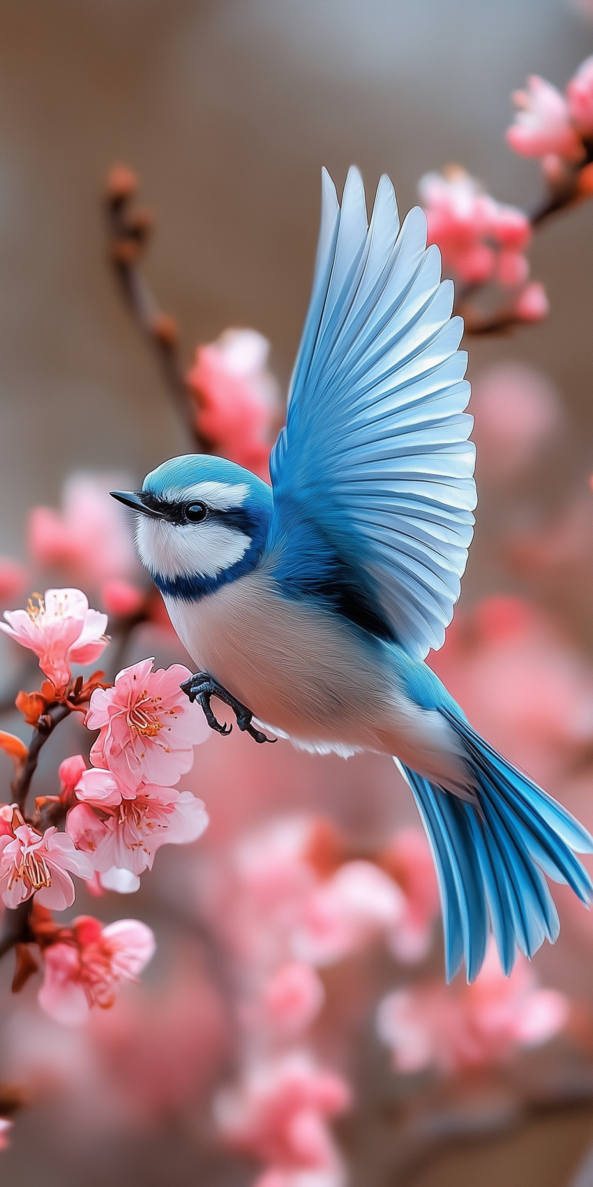 Fond d'écran Mobile Mésange Bleue en Vol : Douceur Printanière et Détails Aériens