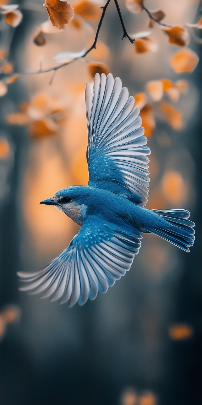 Fond d'écran Mobile Oiseau Bleu en Vol : Douceur Automnale et Détails Aériens