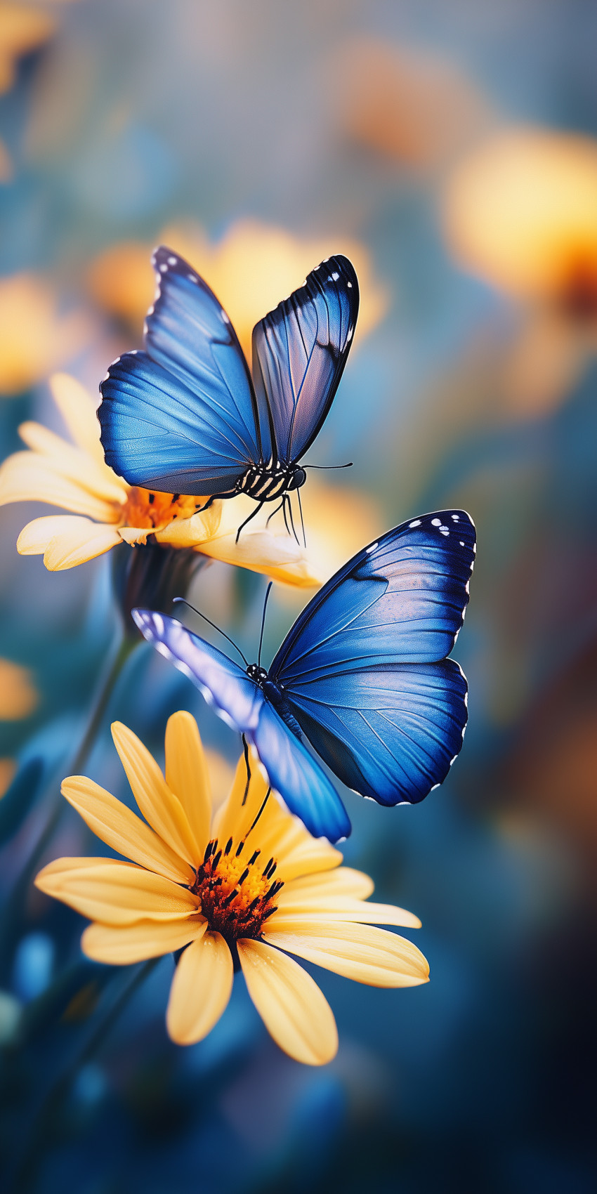 Fond d'écran Mobile Duo de Papillons Bleus sur Fleurs Jaunes : Harmonie et Lumière Naturelle