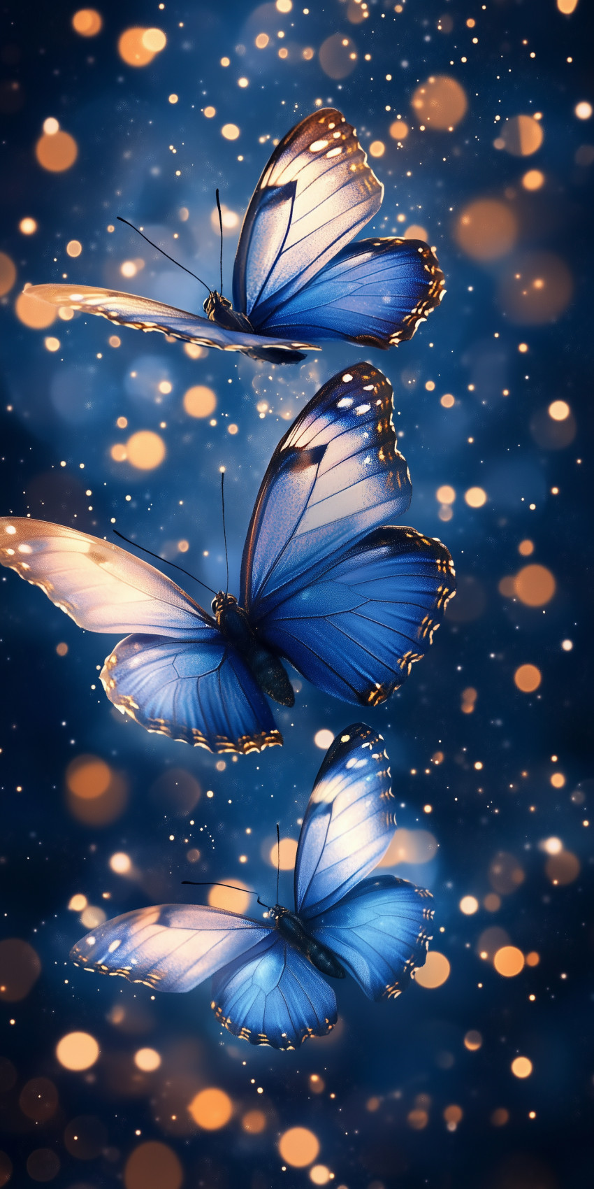 Fond d'écran Mobile Trio de Papillons Bleus Lumineux : Féérie Nocturne et Reflets Dorés