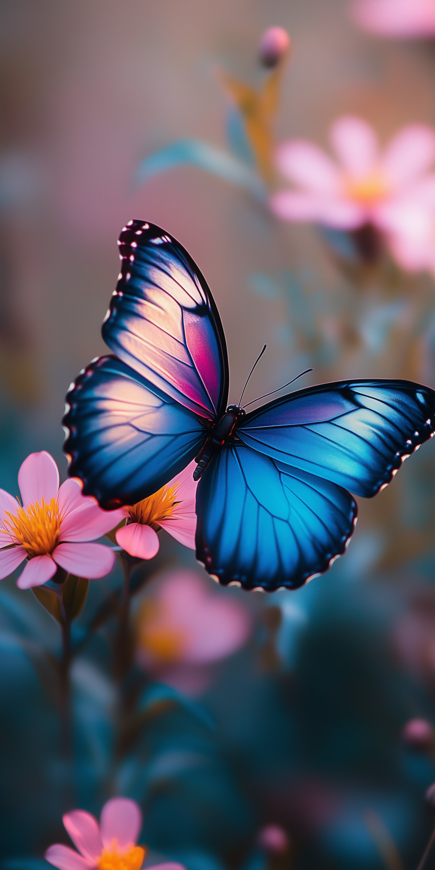 Fond d'écran Mobile Papillon Bleu et Rose sur Fleurs : Douceur et Harmonie Florale