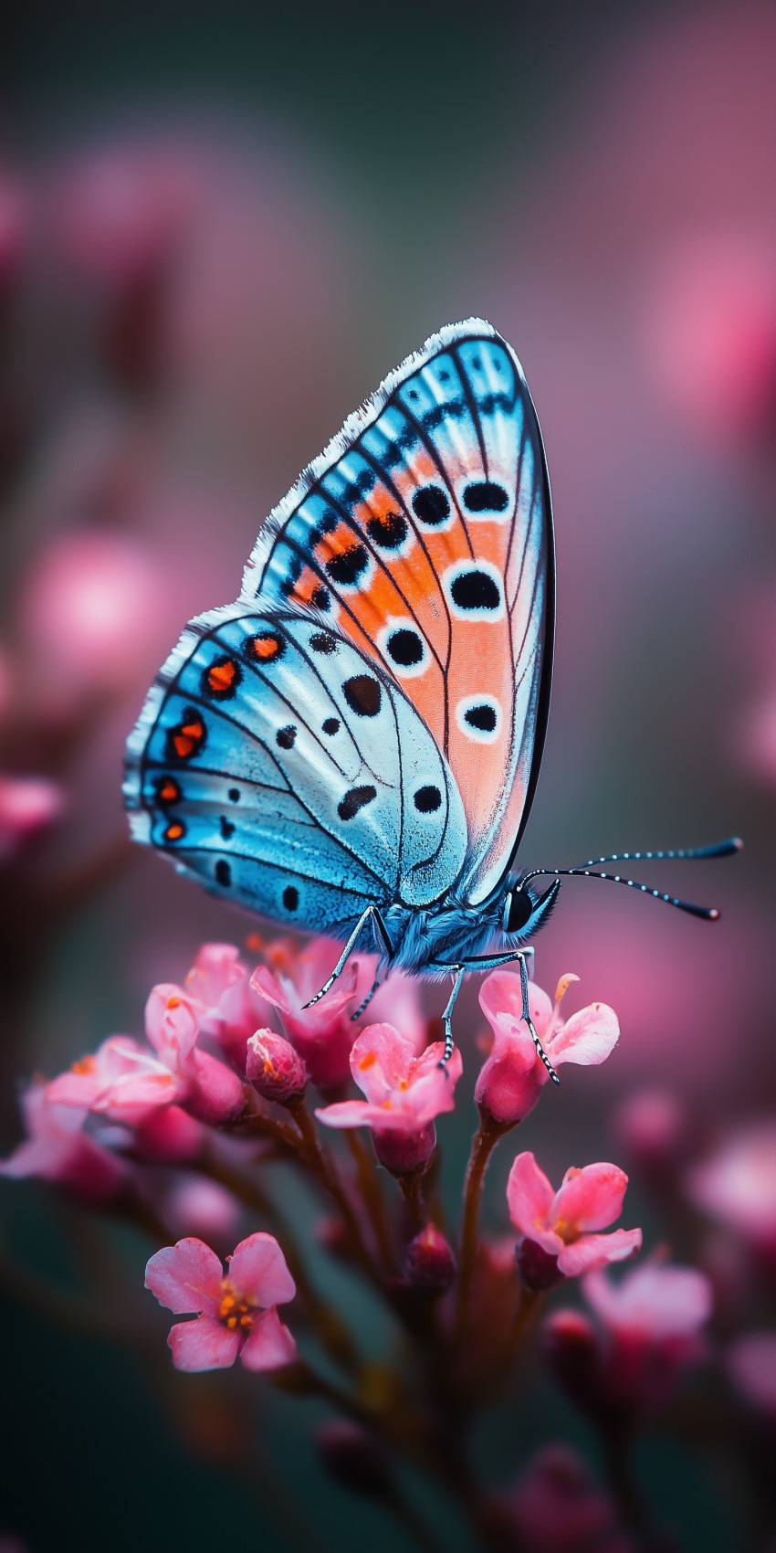 Fond d'écran Mobile Papillon Bleu et Orange sur Fleurs Roses : Harmonie et Détails