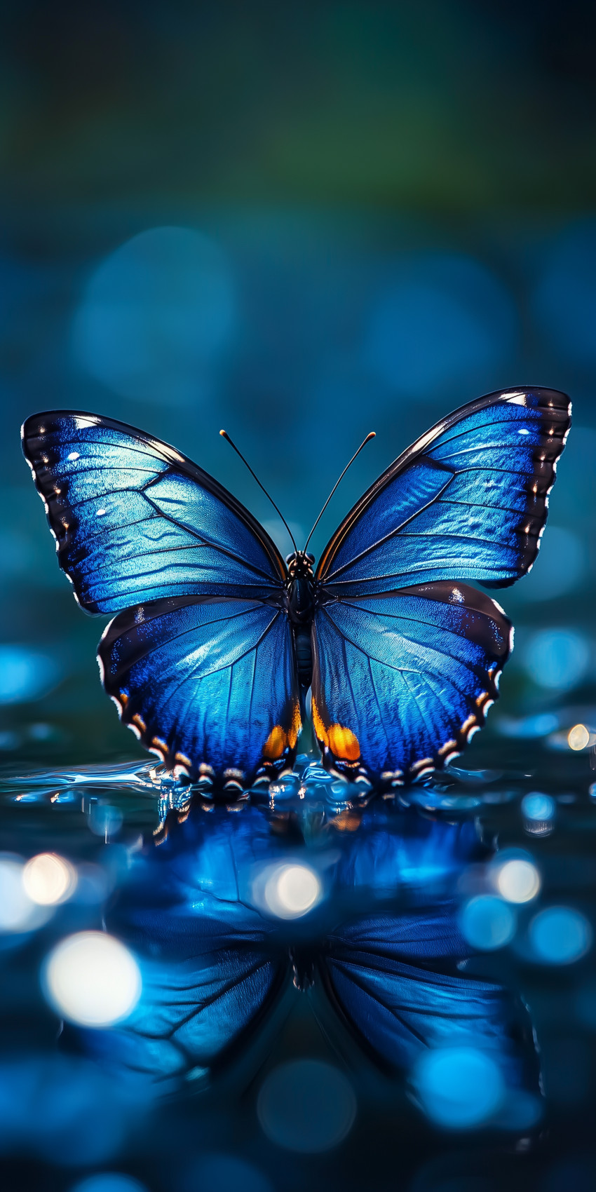 Fond d'écran Mobile Papillon Bleu Morpho : Reflets Aquatiques et Élégance Nocturne
