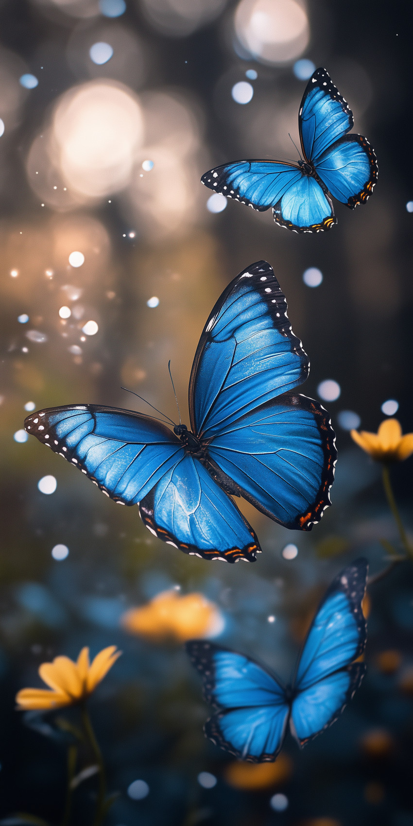Fond d'écran Mobile Trio de Papillons Bleus Lumineux : Féérie Nocturne et Harmonie Naturelle recherche par mots clés, fond d ecran papillon mobile 7, 