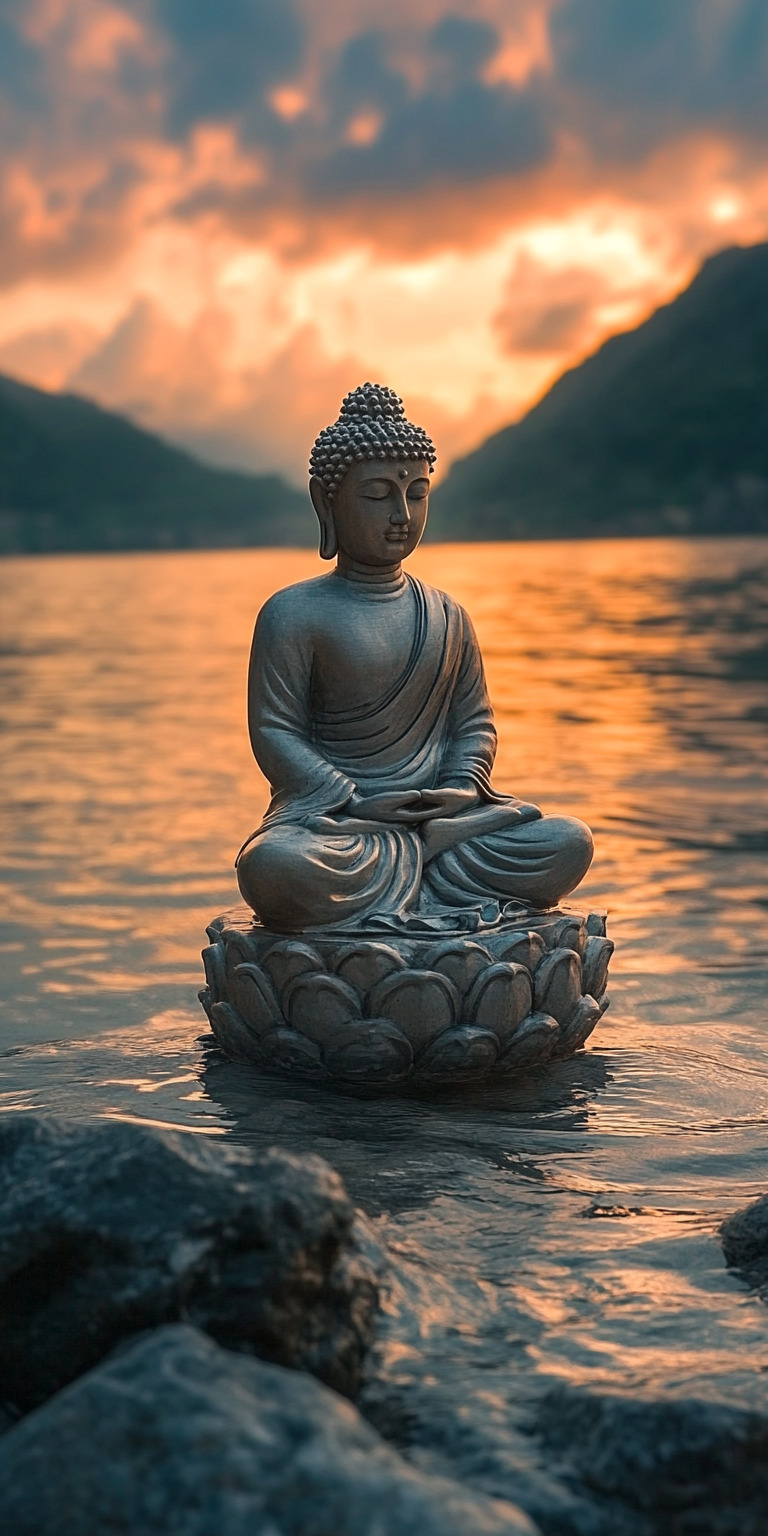 Fond d'écran buddha en méditation, statue qui flotte sur un lac au coucher de soleil