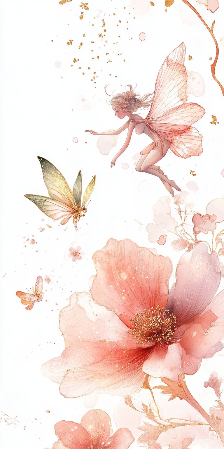 Fond d'écran mobile Des petites fées couleur pastel jouent au dessus d'une grosse fleur, image sur fond blanc et couleurs rouge et vert