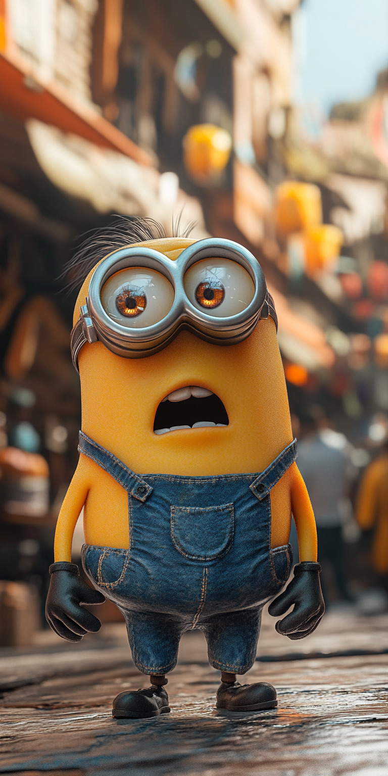 Fond d'écran Mobile Minion Surpris HD - Scène Urbaine Animée, Couleurs Vives et Détails Expressifs