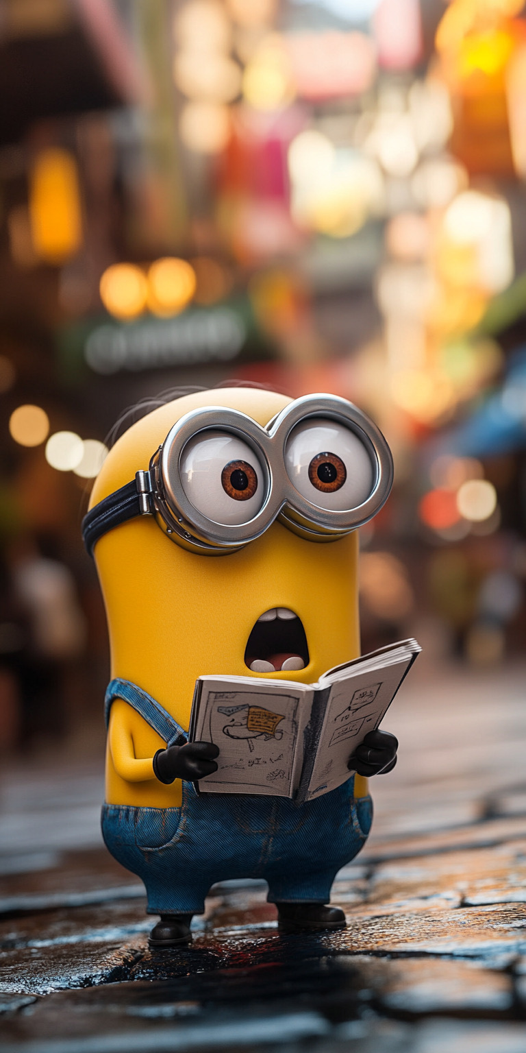 Fond d'écran Mobile Minion Studieux HD - Scène Urbaine, Couleurs Vives et Détails Surprenants