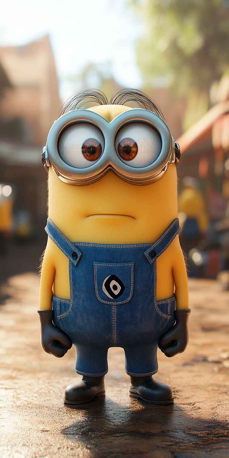 Fond d'écran Mobile Minion Pensive - Expression Triste, Ville en Fond - HD